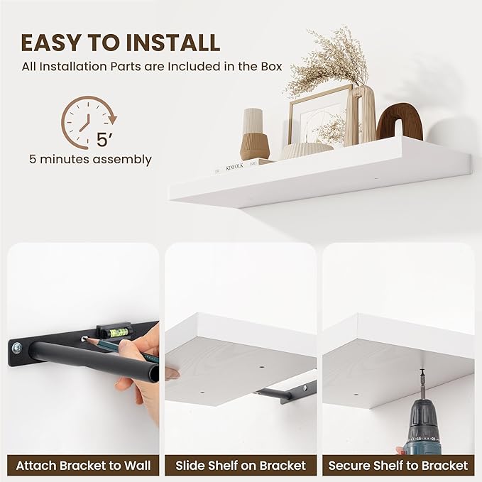 Floating Shelves Set of 2, 36 Inch Long Wooden Wall Shelves, 10 Inch Deep Wall Mounted Storage Shelf with Metal Brackets for Living Room, Bathroom, Bedroom and Kitchen, White-Ruum Studio Home