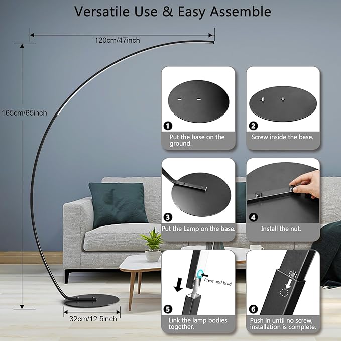 NUÜR Arc Floor Lamp, 67" Tall Black Gold LED Modern Standing Floor Lamp with Remote Control, Arched Bright Floor Lamps for Living Room Bedroom Office Home (Black)-Ruum Studio Home