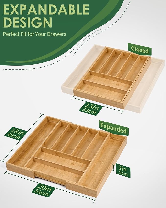 Premium Bamboo Expandable Drawer Organizer, 7-9 Slots Adjustable Kitchen Drawer Organizer for Large Cooking Utensils Cutlery, Kitchen Drawer Organization-Ruum Studio Home