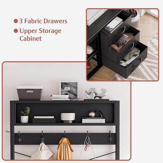 Lulive Hall Tree with Bench and Shoe Storage, 31.5" Coat Rack Freestanding with 2-Tier Storage Shelf, 6-in-1 Entryway Bench Coat Rack with 12 Hooks and 3 Drawers(Black)-Ruum Studio Home