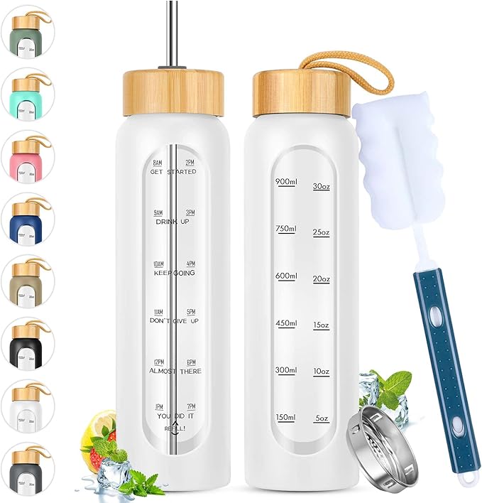 32 oz Glass Water Bottle with Straw - Motivational Time Marker & Silicone Sleeve - Reusable Tumbler Includes 2 Bamboo Lids & Fruit Infuser - 1 Pack-Ruum Studio Home