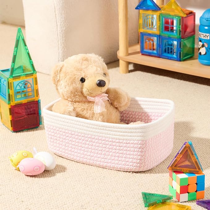 Small Storage Baskets for Organizing | Closet Organizer Bins | Shelf Toy Basket | Woven Rope Baskets | Cube Decorative Box | Shallow Basket | 11.5x7.5x4.7” | 3 Packs White Pink-Ruum Studio Home