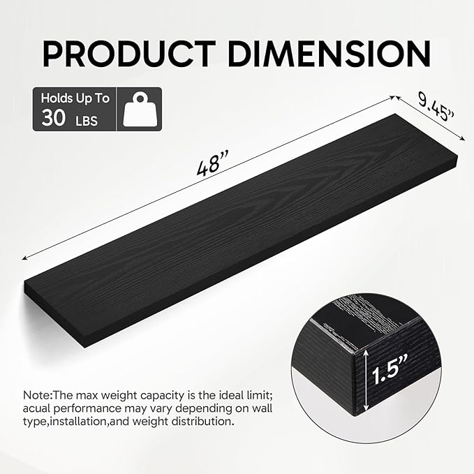 BAYKA Floating Shelves, 48 inches Long Heavy Duty Wall Mounted Rustic Wood Shelves for Bathroom, Bedroom, Living Room, Kitchen, Office, Hanging Shelf for Books/Storage/Decor(Black,Set of 2)-Ruum Studio Home