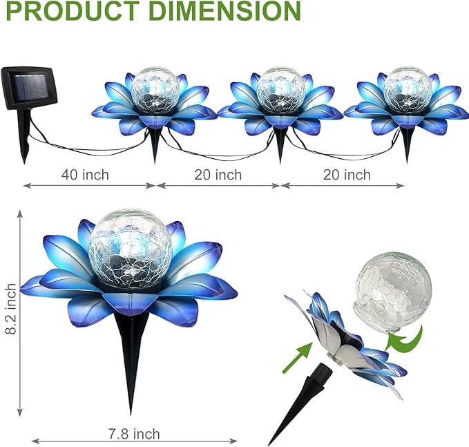 LEWIS&WAYNE Solar Garden Lights Outdoor, 3 Pcs Blue Lotus Flower Pathway Lamps with Cool White Crackle Glass Globe Led Lights for Patio Pathway Yard Balcony Garden Decorations-Ruum Studio Home