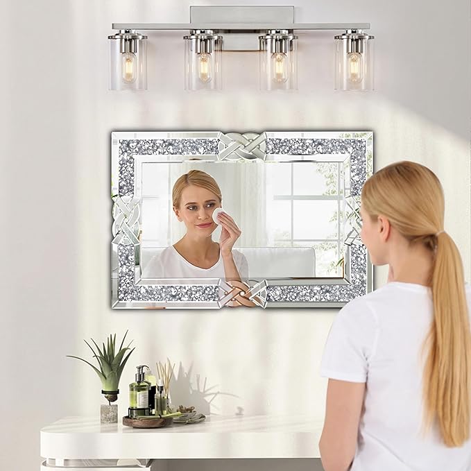 Crushed Diamond Decorative Wall Mirrors, 24x36 Inch Rectangle Living Room Mirrors for Wall Decor, Modern Glam Bathroom Dining Room Entryway Mirror Silver-Ruum Studio Home