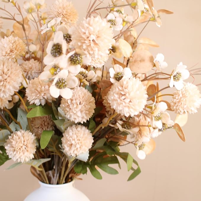Beige Silk Flower Arrangements For Home Decor, Large Floral Centerpieces For Tables, Fake Mums + Eucalyptus + Wild Flowers in Bulk, Long Stem Artificial Flowers Coffee Dining Table, Faux Mums Flowers-Ruum Studio Home