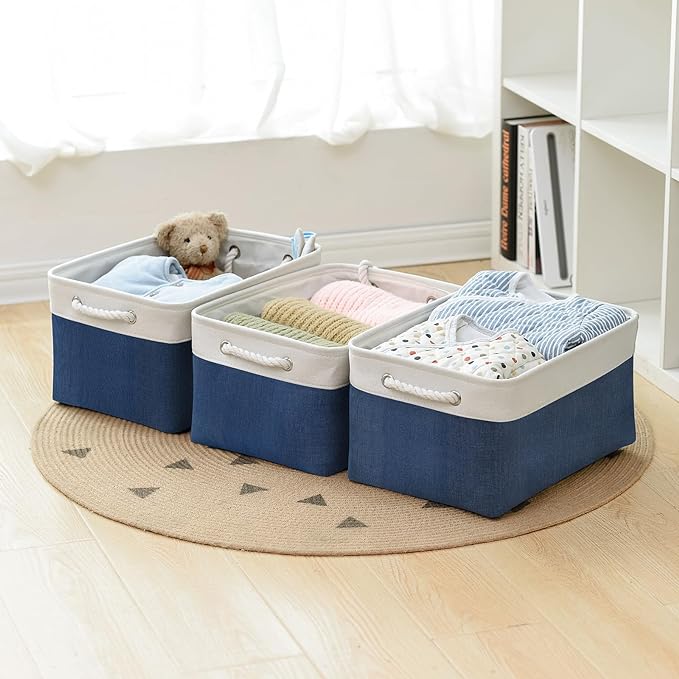 Organization and Storage Basket for Shelves - 16x12x8 inch Large 3 Pack Canvas Storage Bin Collapsible Baskets for Organizing, Fabric Storage Cubes for Cloth Laundry (White&Deep Blue)-Ruum Studio Home