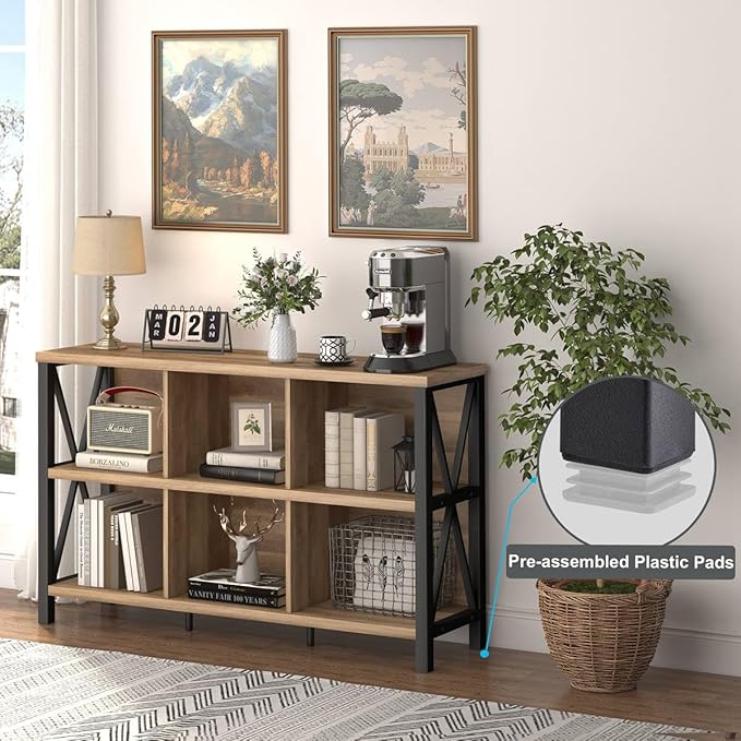 FATORRI 6 Cube Storage Organizer with Shelf, Long Wood and Metal Cubby Bookcase, Industrial Horizontal Bookshelf (Rustic Oak, 47 Inch)-Ruum Studio Home