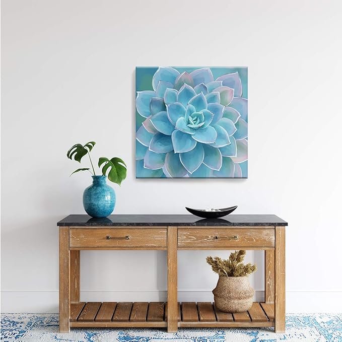 Wall Decor for Bedroom Canvas Artwork Blue-Green Succulents Prints Pictures Wall Art for Living Room Hanging Plants for Bedroom Decor Modern Popular Wall Decorations Blue-Green Flower Size 20x20-Ruum Studio Home