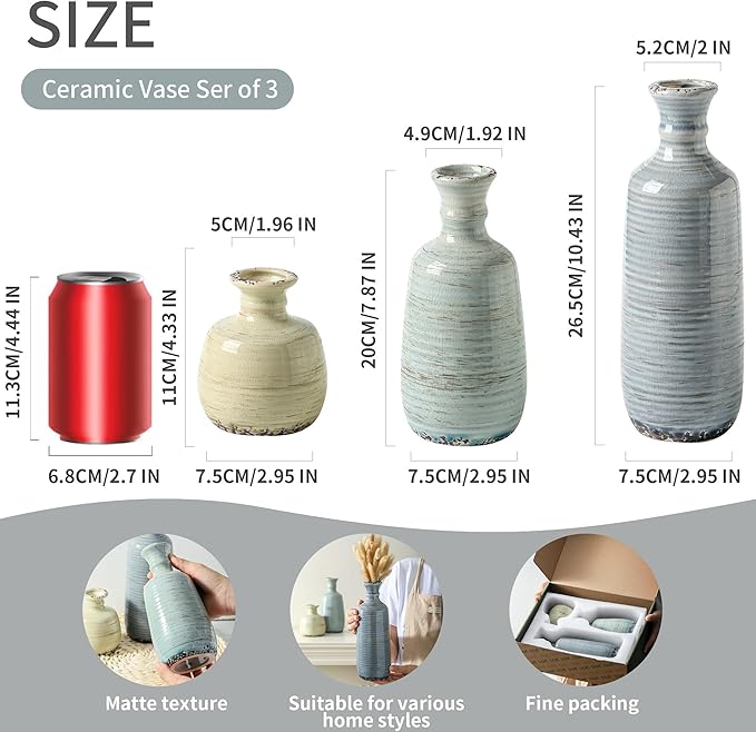 Ceramic Vase Set of 3, Rustic Neutral Vases Home Decor Farmhouse Decorative Flower Vase Modern Boho Pampass Vases for Table Mantel Entryway Shelf Living Room Kitchen Bathroom - Multicolor-Ruum Studio Home