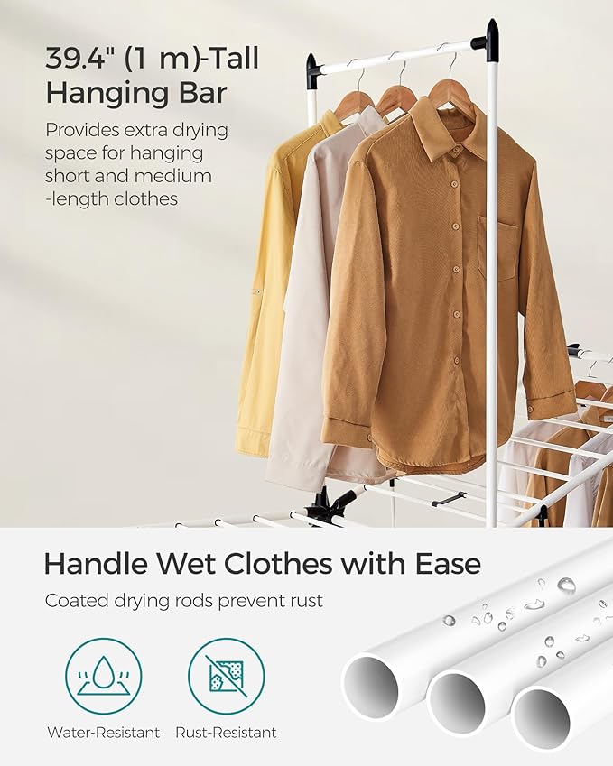 SONGMICS Clothes Drying Rack, Foldable 2-Level Laundry Drying Rack, Free-Standing Airer, 1 Additional Tall Hanging Bar, 2 Height-Adjustable Wings, 24 Drying Rails, Space Savng, Simply White ULLR521W01-Ruum Studio Home