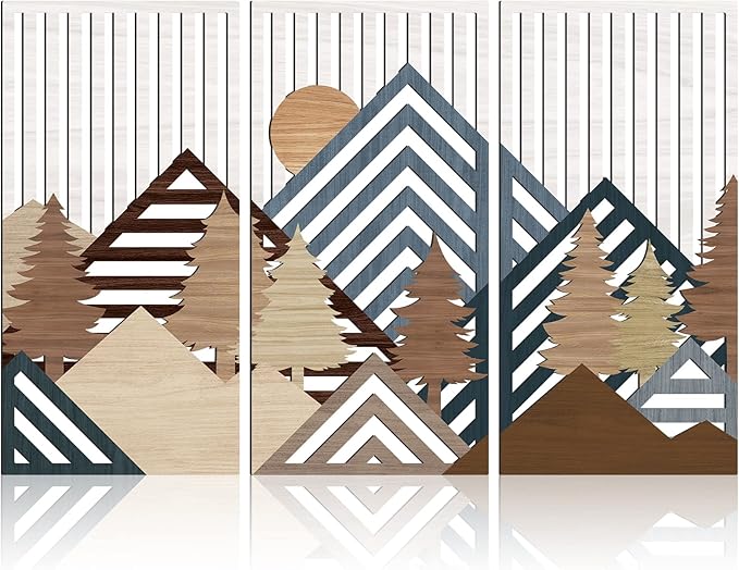 IARTTOP Abstract Mountain Wood Wall Art Large geometric Forest Pine Trees Wooden Wall Decor Boho Sun Nature Landscape Wall Decor for Bedroom Living Room Office-16 x32 Inch Set of 3-Ruum Studio Home