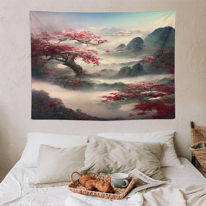 Houselerax Japanese Tapestry, Red Plum Cherry Blossom Mountain Tapestries, Asian Japanese Wall Decor, Nature Landscape Tapestries for Bedroom Living Room Decor 40"x30"-Ruum Studio Home