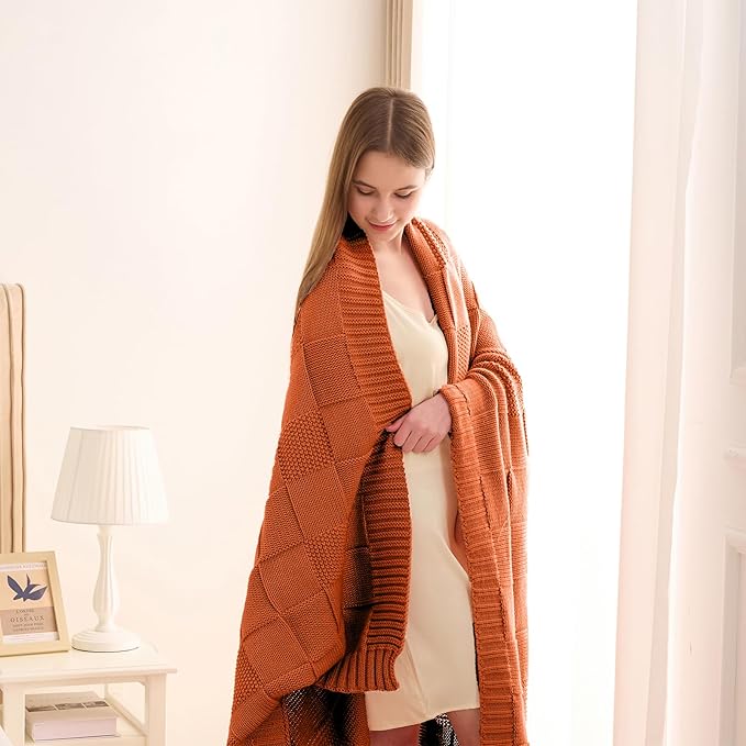 CozeCube Check Knit Throw Blanket, Rust Orange Checkered Throw for Couch, Decorative Christmas Soft Cozy Warm Knitted Blanket for Bed Sofa Living Room, 50"X60"-Ruum Studio Home
