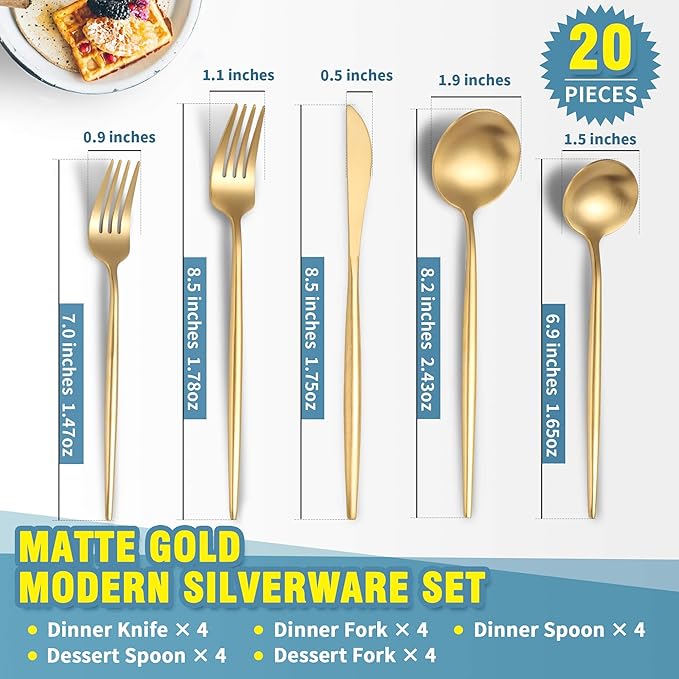 Matte Gold Silverware Set for 4,Modern Stainless Steel Brushed Cutlery Set,20-Pieces Heavy Duty Flatware Set,Knives Spoons and Forks Set Utensils Set, Satin Finish, Dishwasher Safe-Ruum Studio Home