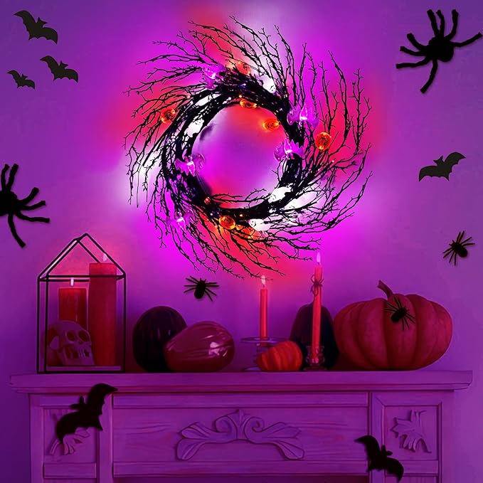 7 Ft 63 LED Halloween Willow Vine Twig Garland with 8 Modes Timer Orange Purple White Lights,7 Pumpkin Bat Ghost, Garland with Battery Operated for Wall Fireplace Halloween Decorations-Ruum Studio Home