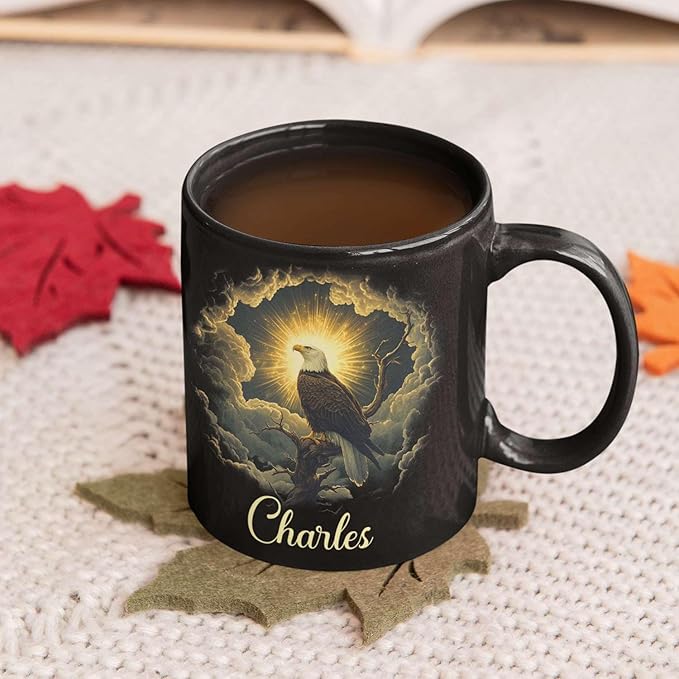 Custom Name Coffee Mug 11oz or 15oz, Unique Wildlife Art Black Cup, Personalized Eagle Ceramic Mug for Animal Lovers, Inspirational Coffee Cup with Nature Scene, Gifts for Friends-Ruum Studio Home
