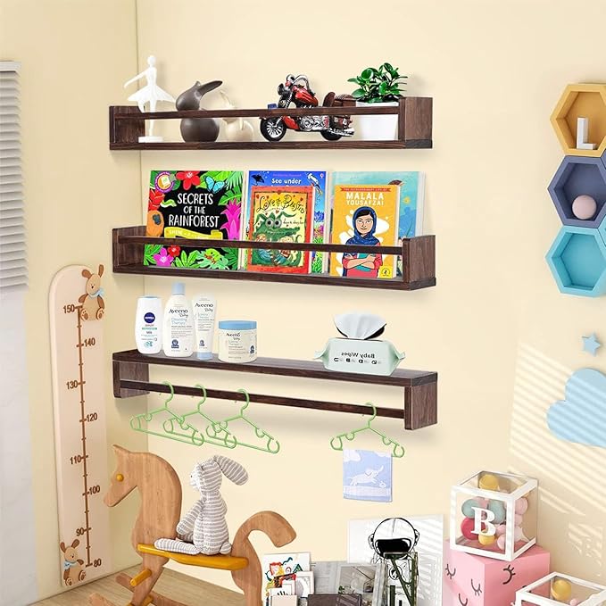 AZSKY Nursery Book Shelves Deep Walnut Wall Mount Floating Book Shelf for Bedroom Wooden Wall Book Shelf Children Kids Toddler Wall Bookshelf 36 Inch a Set of 3 Same Sizes-Ruum Studio Home
