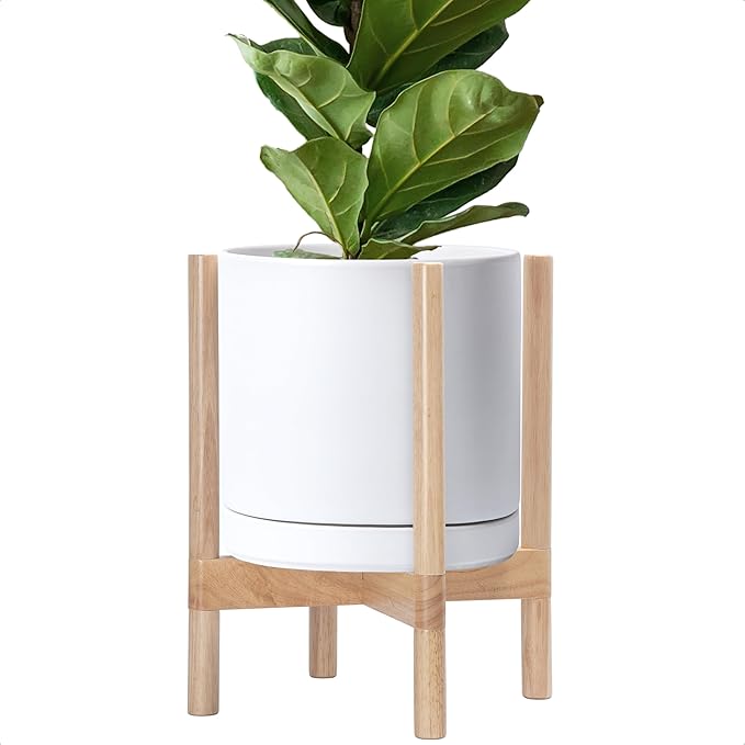 D'vine Dev Ceramic Planter with Natural Stand - 12 Inch Modern Round Flower Pot with Wood Planter Holder, White, 55-B-J-1-Ruum Studio Home