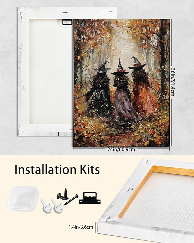 Halloween Canvas Wall Art, Vintage Three Witches Poster, Gothic Dark Academia Wall Decor, Spooky Halloween Decor for Living Room, Bedroom & Bathroom, Framed Fall Decorations Indoor-Ruum Studio Home