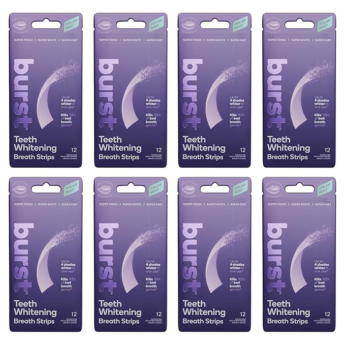 Burst Teeth Whitening Breath Strips (Polar Mint/8 Pack) | Kills 93% of Bad Mouth Germs | Up to 4 Shades Whiter in One Use | Easy to Apply/Quick Dissolving-Ruum Studio Home