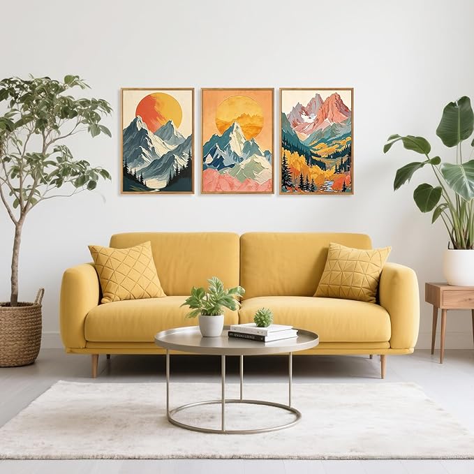 HPNIUB Mountains Forests Framed Canvas Wall Art Set, Abstract Woodland Painting, Boho Scenery Sun Wall Decor, Pretty Grassland River Artwork for Living Room, Bedroom, Dining Room, Office - 16"x24"x3-Ruum Studio Home