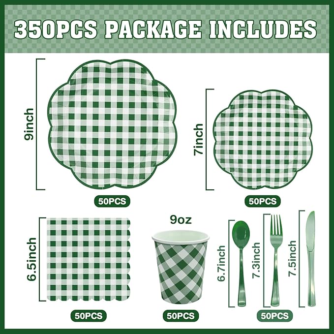 350 Pcs Green Gingham Plates and Napkins Party Supplies - Green and White Checkered Plates Sets Serve 50 Guests - Scalloped Gingham Paper Plate for Birthday Picnic BBQ Golf Party Decorations-Ruum Studio Home