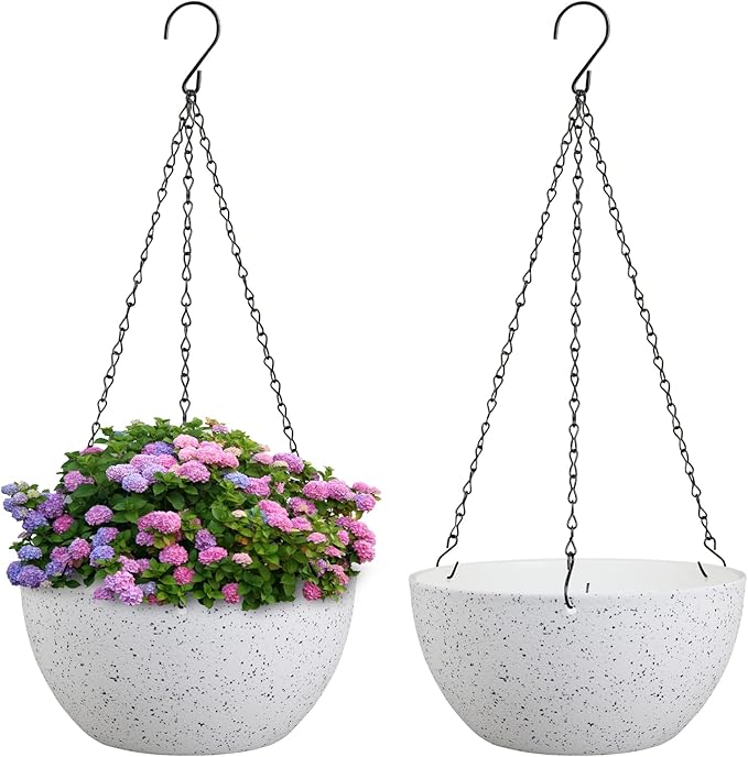 8 inch Hanging Planters for Small Indoor Outdoor Plants, 2 Pack Hanging Flower Pots with Drainage Holes and Chain for Garden Porch, Plastic Hanging Baskets for House Plants, Speckled White-Ruum Studio Home