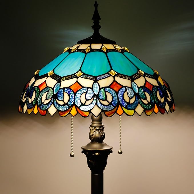 Tiffany Floor Lamp Stained Glass Lamp Standing Reading Light 16x16x70 Inch for Living Room (Blue Jewelry Baroque Style)-Ruum Studio Home