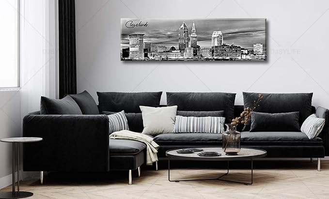 Cleveland Skyline Decor Wall Art Canvas Prints Black and White Night View USA Cityscape Panoramic Painting for Bedroom Office Framed and Ready to Hang 13.8"x47.3"-Ruum Studio Home