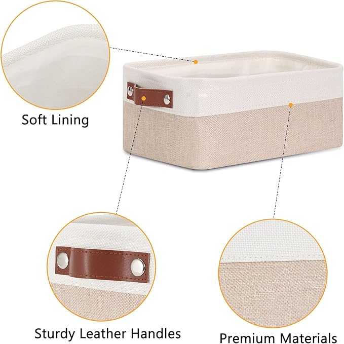 DULLEMELO Small Storage Bins, Storage Baskets for Organizing, Collapsible Rectangular Fabric Baskets for Shelves, Closets, Nursery, Home, Office, Empty Gift Baskets (6-Pack, White&Khaki)-Ruum Studio Home