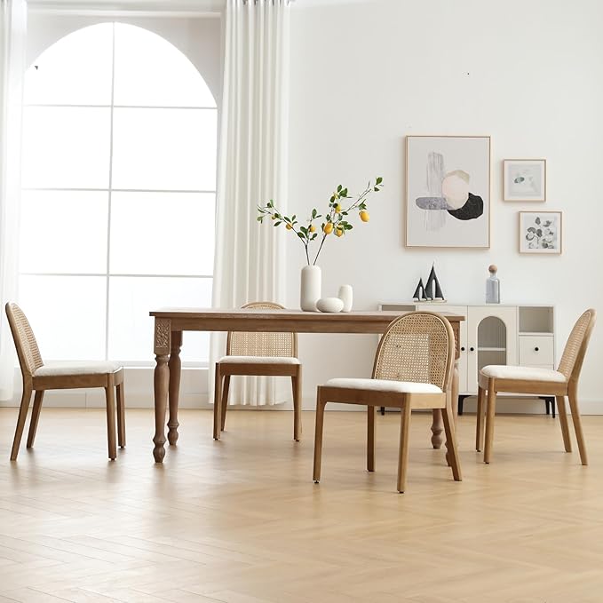 Mid Century Dining Chairs Set of 4, Accent Rattan Side Chairs Sherpa Fabric Kitchen Chair with Solid Wooden Legs for Living Room Dining Room, White-Ruum Studio Home