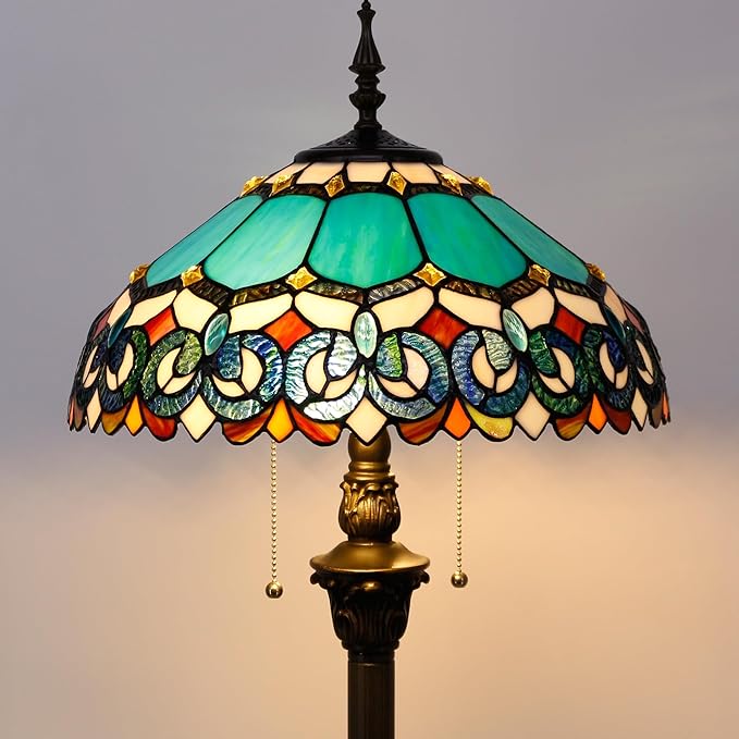 Tiffany Floor Lamp Stained Glass Lamp Standing Reading Light 16x16x70 Inch for Living Room (Blue Jewelry Baroque Style)-Ruum Studio Home
