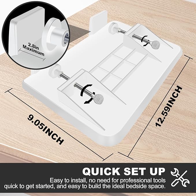 Bedside Shelf for Bunk & Loft Beds,College Dorm Room and Kids Room Essentials,Bed Side Table Tray Organizer,Clip On Nightstand,White-Ruum Studio Home