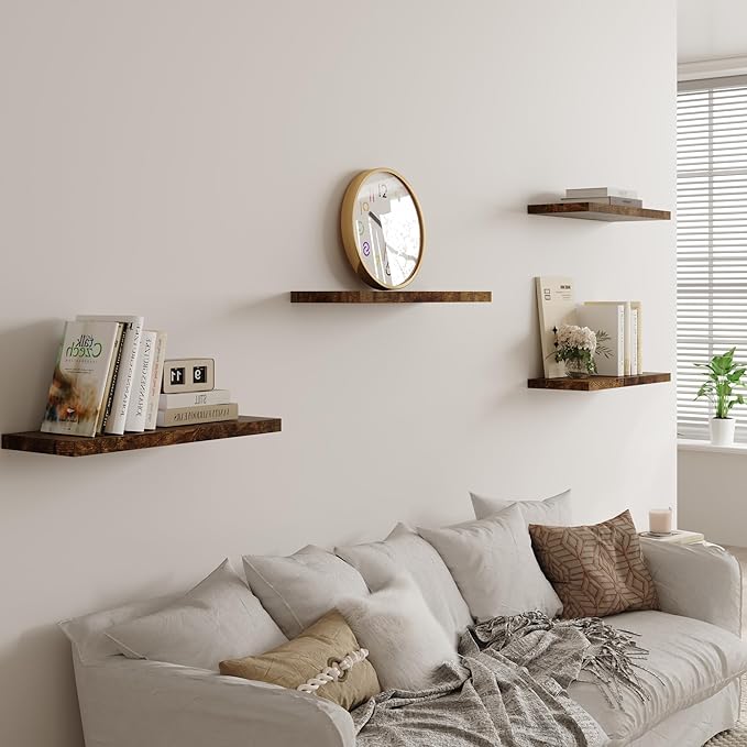 Wall Shelf Set of 2, Rustic Brown Floating Shelves 24 in W x 10 in D x 1 in H, Wooden Floating Wall Shelf with Invisible Brackets for Living Room/Bedroom/Bathroom/Kitchen Storage and Decor-Ruum Studio Home