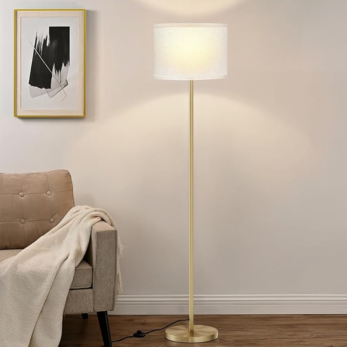 Ambimall 60'' Modern Floor Lamp with Shade, Tall Lamps for Living Room, Bedroom, Office, Dining Room, Beige Shade with Gold Pole(Without Bulb)-Ruum Studio Home
