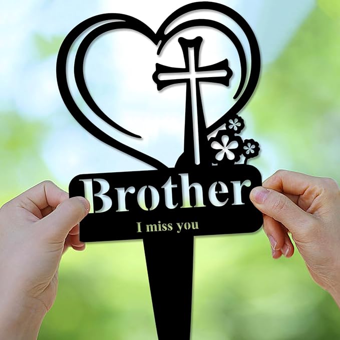 Brother Memorial Grave Stake, Cemetery Decorations for Grave Markers 12.5 x 7.2 inch Heart Metal Sympathy Stakes Graveside Plaque Decor Sign for Brother Graves, Yard, Garden - Black-Brother-Ruum Studio Home