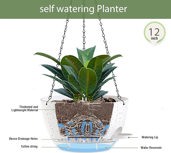 12 Inch Hanging Baskets 2 PC with Chains, Self-Watering Hanging Planters for Indoor Outdoor Plants, Plastic Hanging Flower Pots,Speckled White-Ruum Studio Home