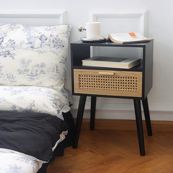 MaxSmeo End Table with Storage Mid Century Nightstand with Rattan Drawer and Shelf, Wood Small Side Coffee Table for Small Space, Living Room and Bedroom, Easy Assembly (Black)-Ruum Studio Home