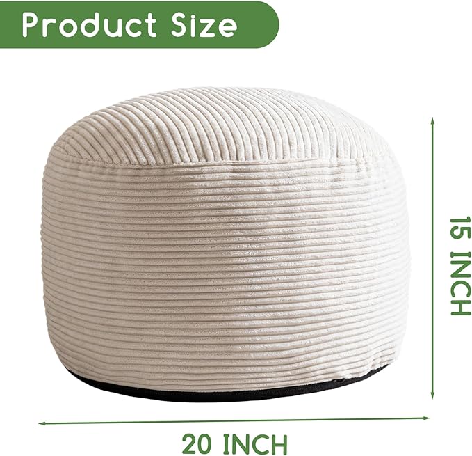 HIGOGOGO Round Stuffed Pouf Ottoman, Corduroy Poufs with Foam Chunk Filling, Furry and Fluffy Pouf Foot Stool Storage Ottoman, 20 X 15 Floor Poufs Foot Rest for Living Room, Beige-Ruum Studio Home