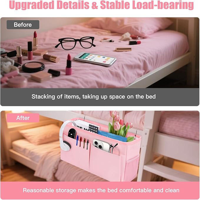 Bedside Caddy Organizer with Fixed Straps, Bunk Bed Caddy ideal for Home, Bunk Bed, Dorm, Hospital, Crib, Versatile Bedside Storage Solution (Pink)-Ruum Studio Home