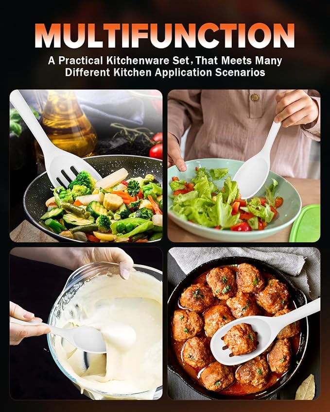 Silicone Cooking Spoons, Great for Scooping Sides and Serving Hearty Stews, BPA-Free Matte Silicone, Wooden Handle Serving Spoon for Nonstick Cooking Surfaces (White)-Ruum Studio Home