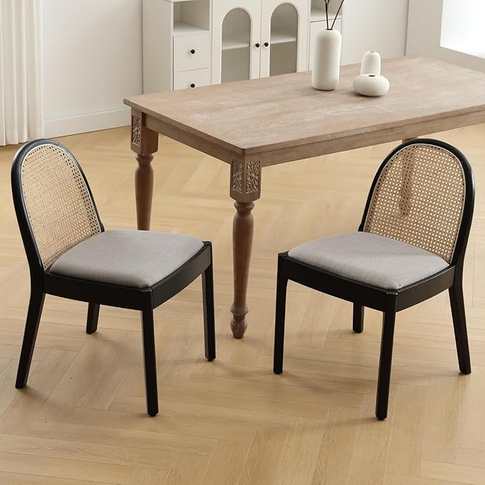 Mid Century Dining Chairs Set of 4, Accent Rattan Side Chairs Linen Fabric Kitchen Chair with Solid Wooden Legs for Living Room Dining Room, Grey-Ruum Studio Home