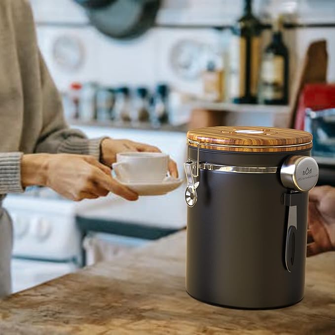 35OZ Coffee Canister for ground coffee with Date Tracker,Wood grain lid 304 Stainless Steel Kitchen Food Airtight storage container for Coffee Beans or Grounds, Tea, Sugar(35oz-grain)-Ruum Studio Home