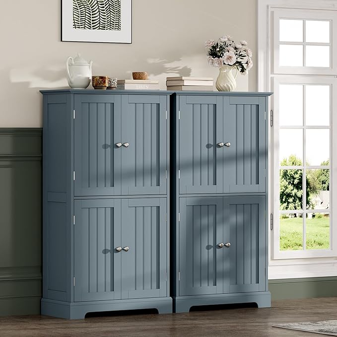 ChooChoo Bathroom Floor Cabinet, Modern Bathroom Storage Cabinet with 4 Doors and Adjustable Shelves, Freestanding Cupboard for Living Room, Grey-Ruum Studio Home