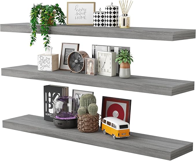 BAMEOS Floating Shelves, Walnut Wall Mounted Wooden Shelves with Invisible Brackets Set of 3, Hanging Wall Shelves Decoration for Bedroom, Bathroom, Living Room and Kitchen-Ruum Studio Home