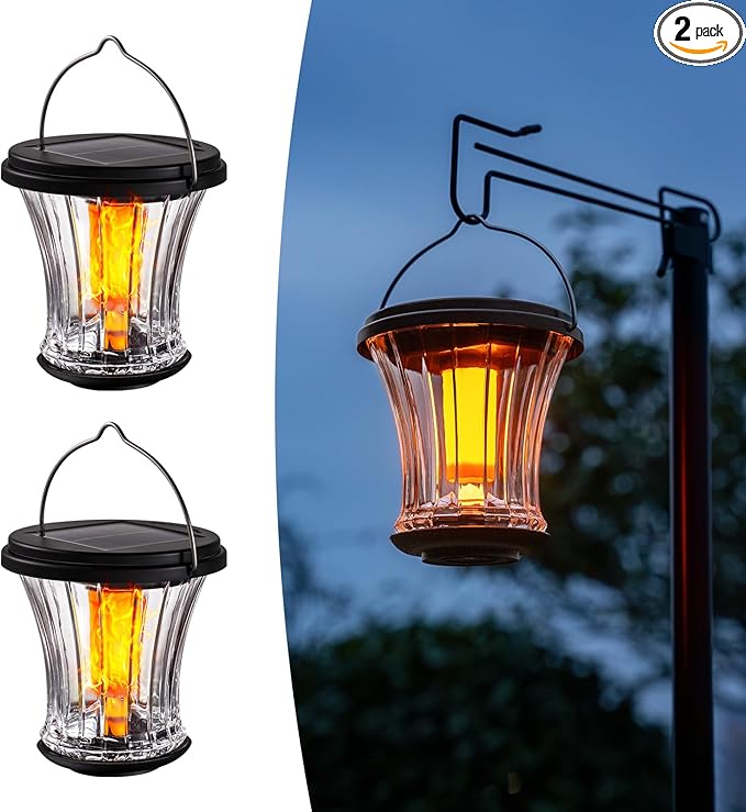 Glass Solar Lantern Outdoor Lights Waterproof, Flickering Flame Solar Lights with Modular Design, Auto On/Off Decorative Hanging Lanterns for Patio Garden Pathway Camping Deck Yard (2 Pack)-Ruum Studio Home