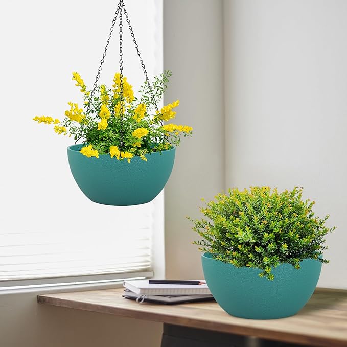 12 inch Large Hanging Planters for Indoor Outdoor Plants, 2 Pack Hanging Flower Plant Pots with Drainage Holes and Chain for Garden Porch, Plastic Hanging Baskets for House Plants, Blue Green-Ruum Studio Home