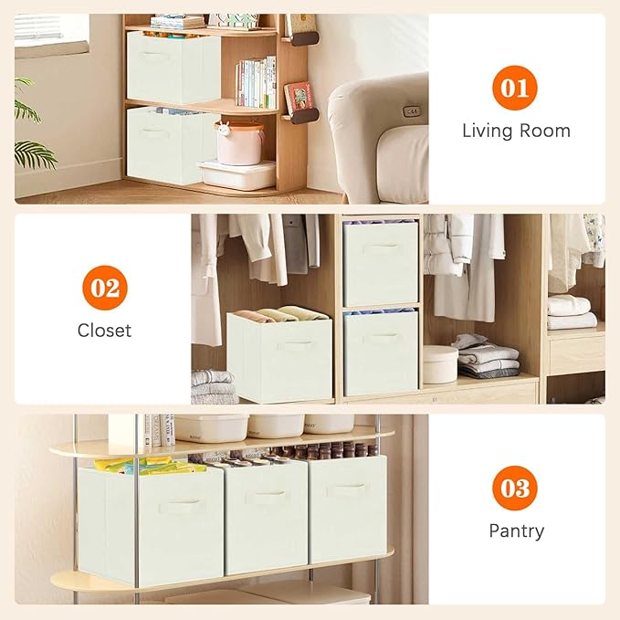 GhvyenntteS Storage Cubes 12 Pack, 11 Inch Cube Storage Bins with Dual Handles, Collapsible Fabric Storage Bins for Shelves Closet, Storage Baskets for Organizing Clothes, Bedding, Books, Beige-Ruum Studio Home