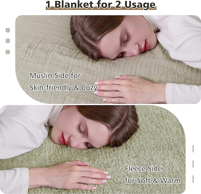 EMME Muslin and Fleece Throw Blanket Reversible - 50"*60" Sage Green Soft Warm Throw Blankets for Couch Bed Picnic Travel Bed-Ruum Studio Home